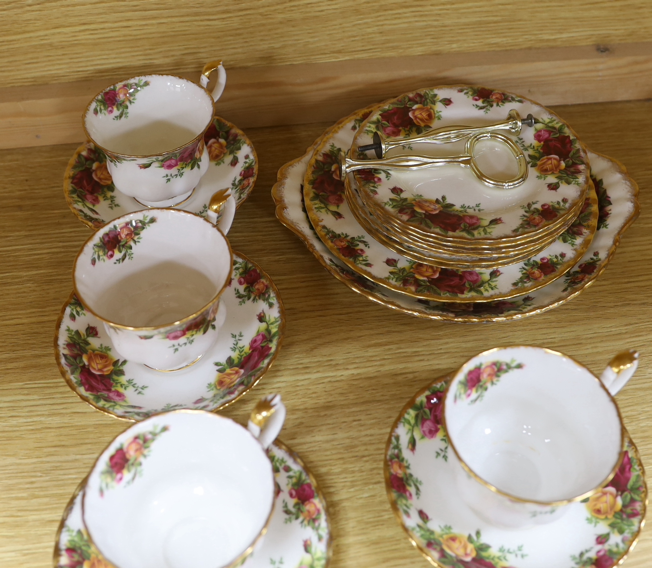 Royal Albert Old Country Roses part tea set including six trios, teapot milk jug and sugar bowl, largest 26cm wide